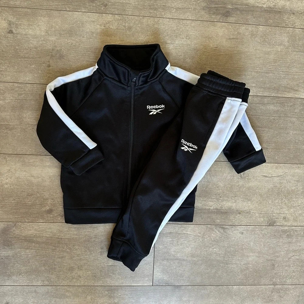 Reebok 18-24 Month Unisex Track Suit Outfit Full Zip Jacket & Jogger Black White - Picture 5 of 8